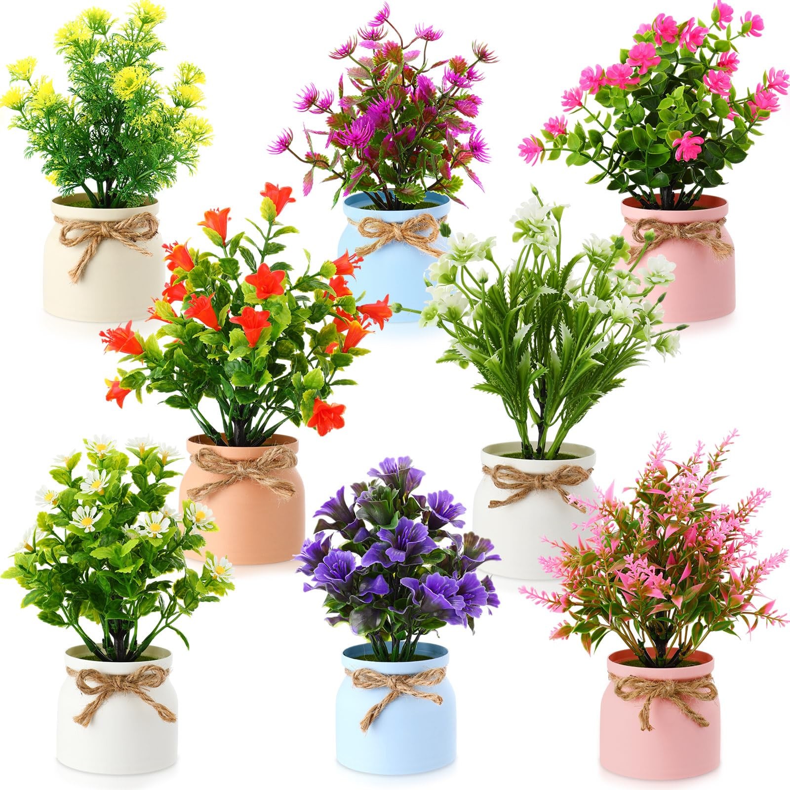 8 Pcs Artificial Potted Flowers 3×8 Inch Faux Small Plants Macaron Pot