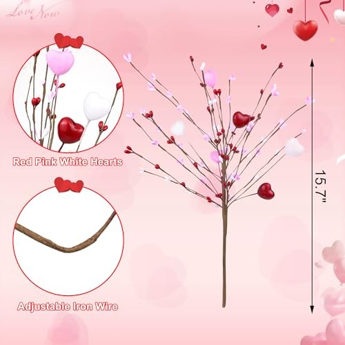 Valentines Day Decorations Artificial Heart Flowers Berry Stems Gifts, 6 Packs