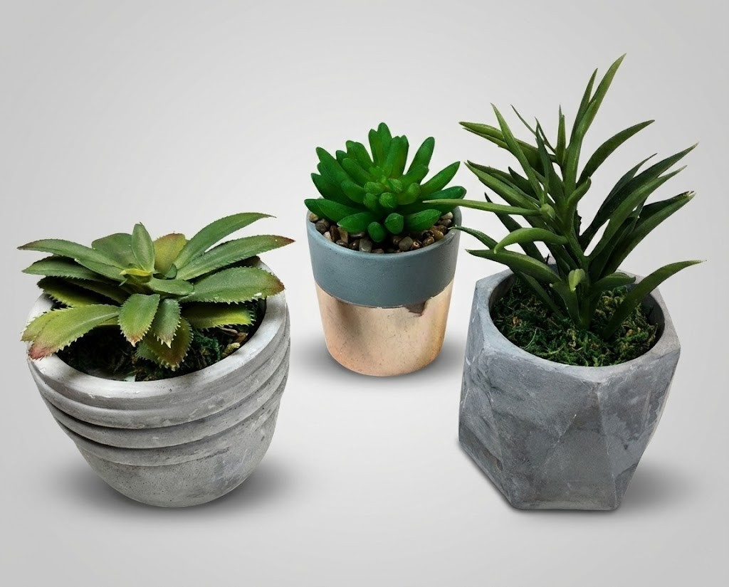 Set of 3 Faux Succulent Artificial Plants Concrete Copper Modern Home Decor Mint