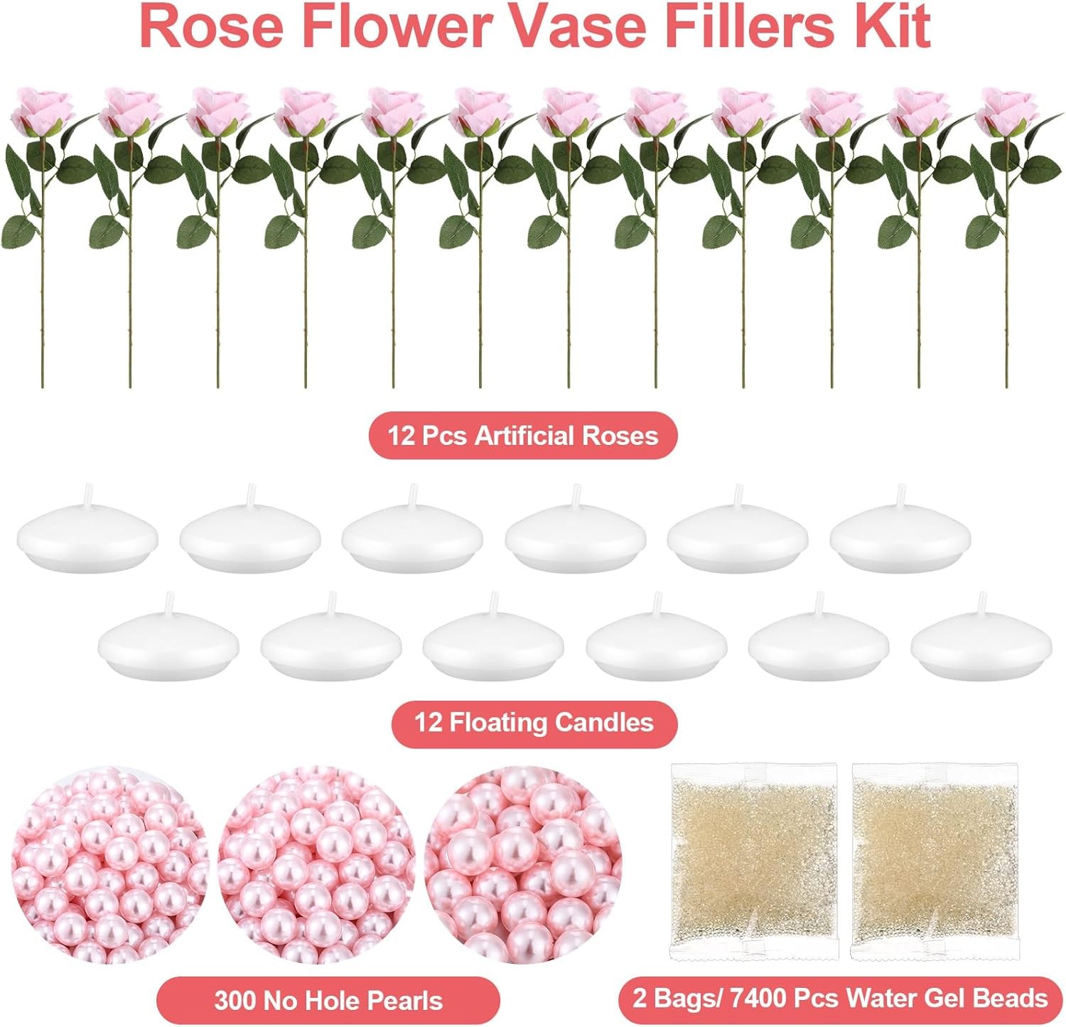 Vase Filler Set: 12 artificial roses, 12 floating candles for centerpiece