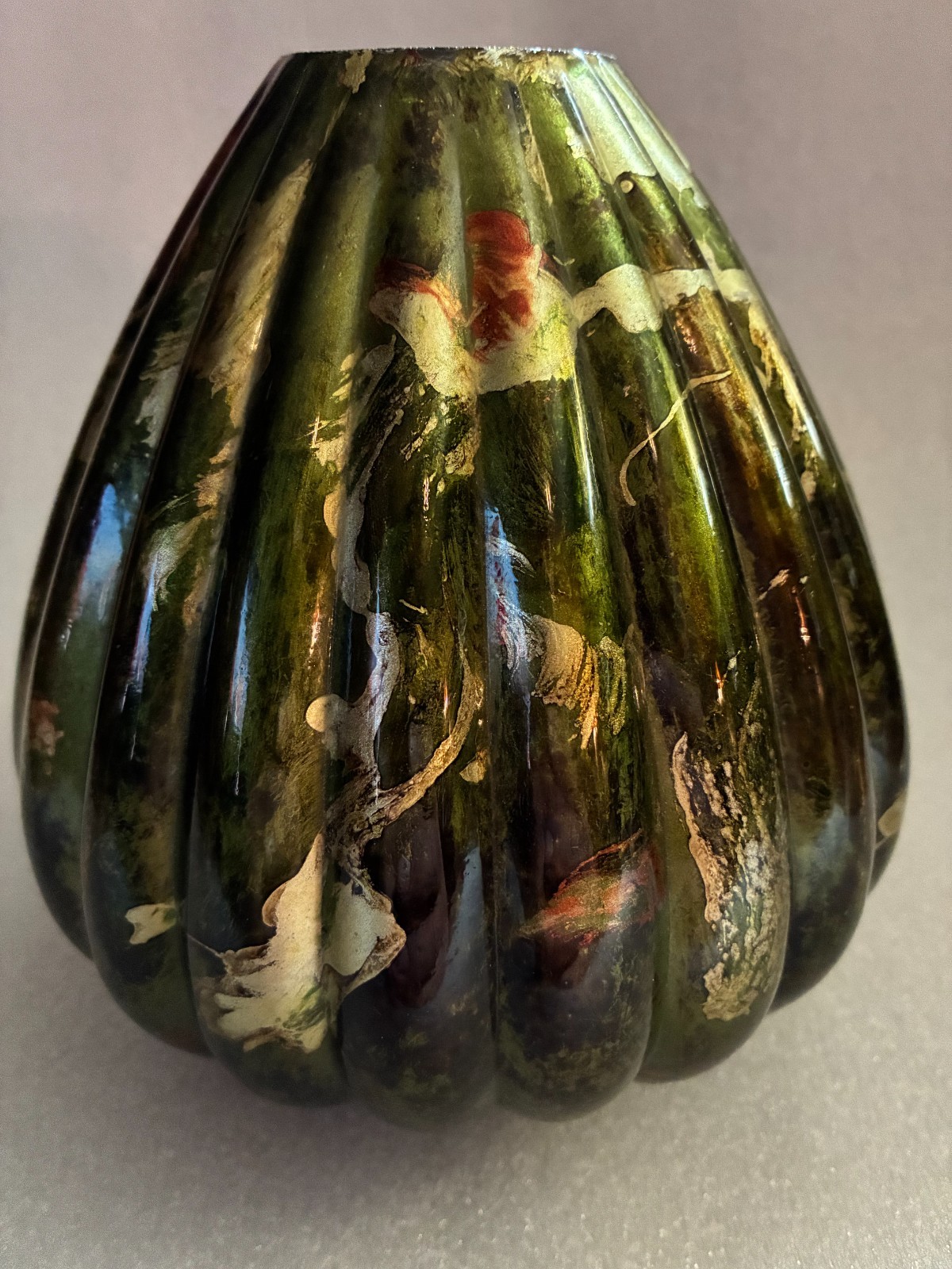 Vertically ribbed, dome or gourd shape, artisan glass. Hand-painted glass art.