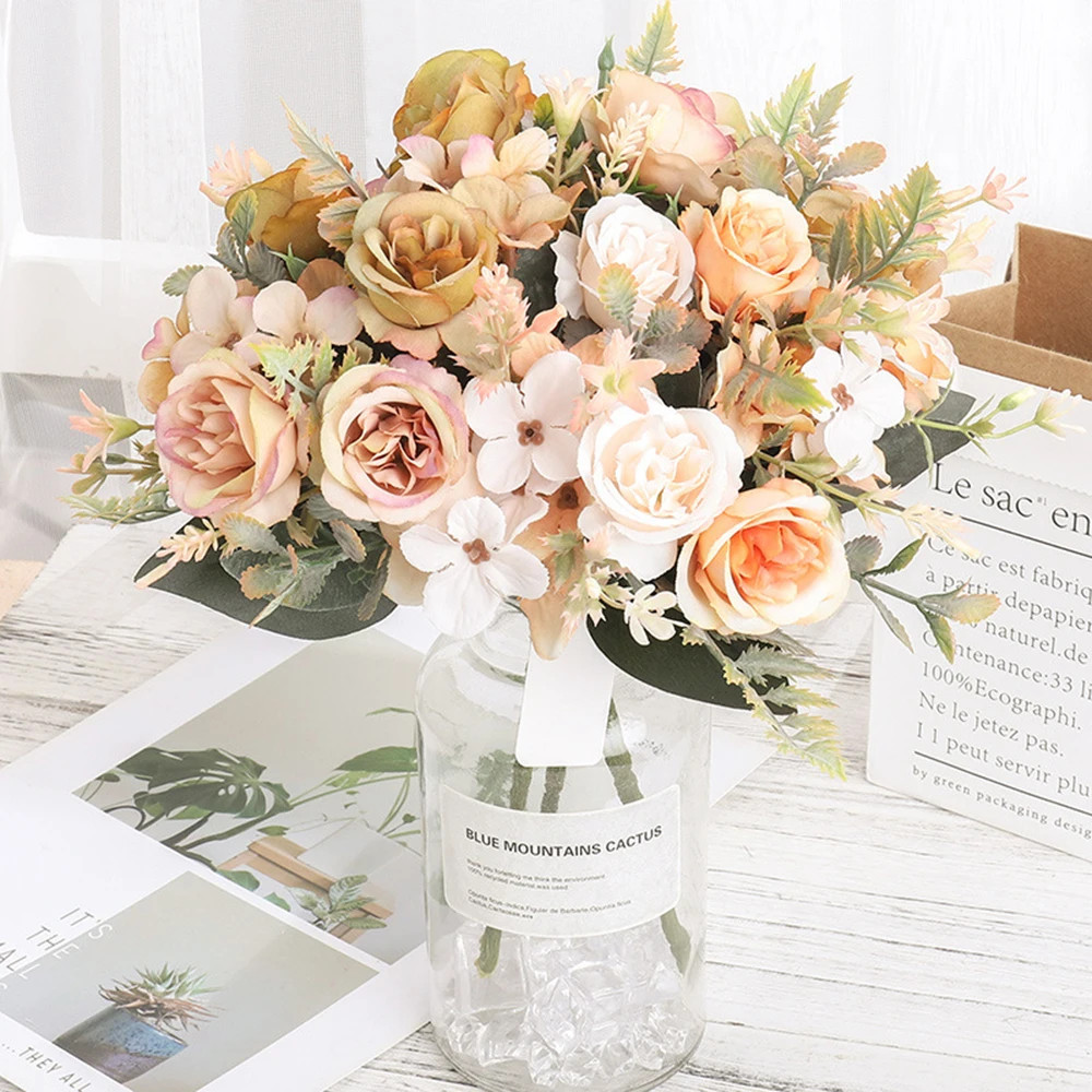 Home Decor Roses Autumn Artificial Flowers Silk Peony Hydrangea Big Bride