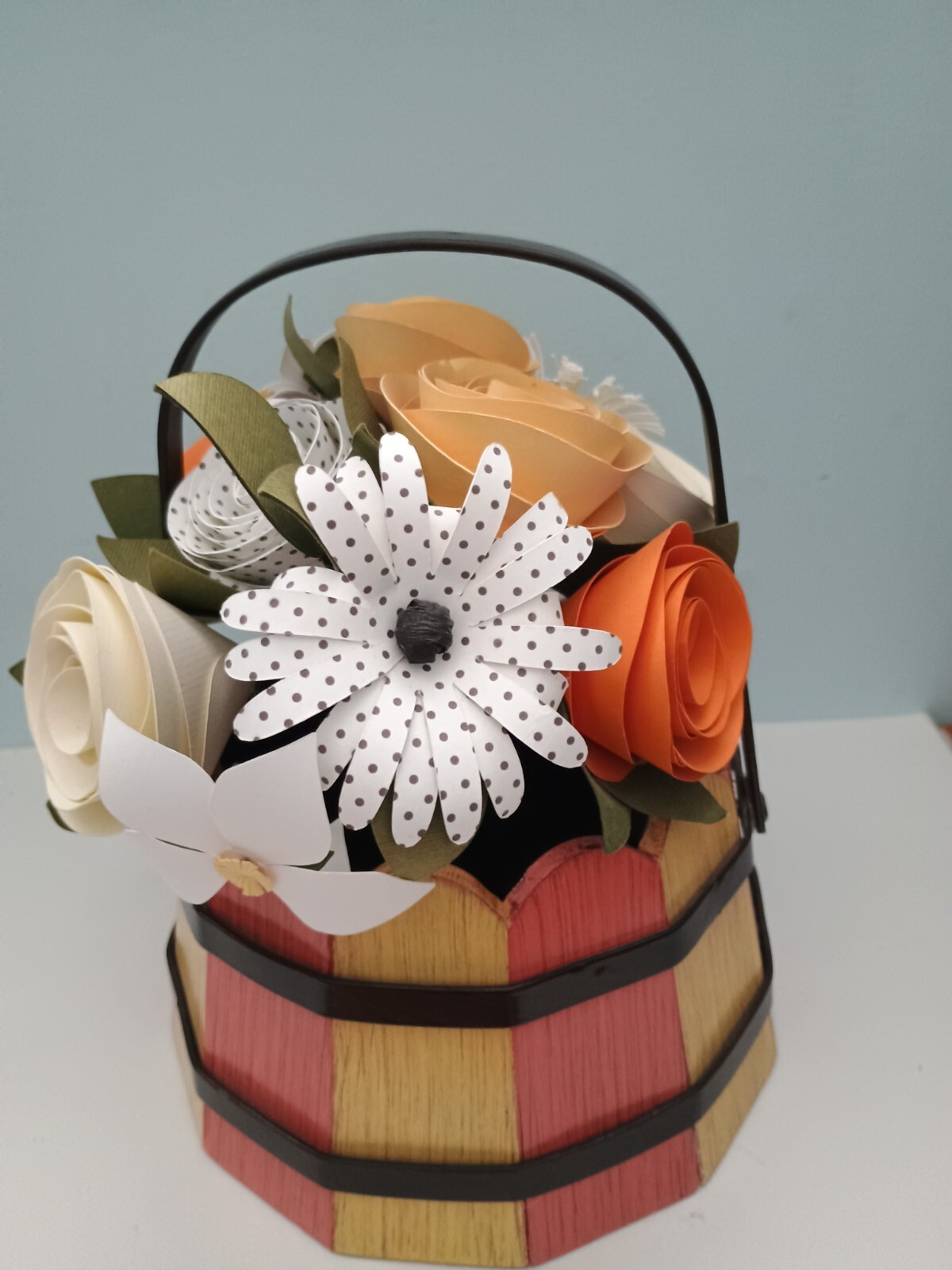 Wood slated Spring Basket of Paper Flowers – Roses daisies Blush color scheme