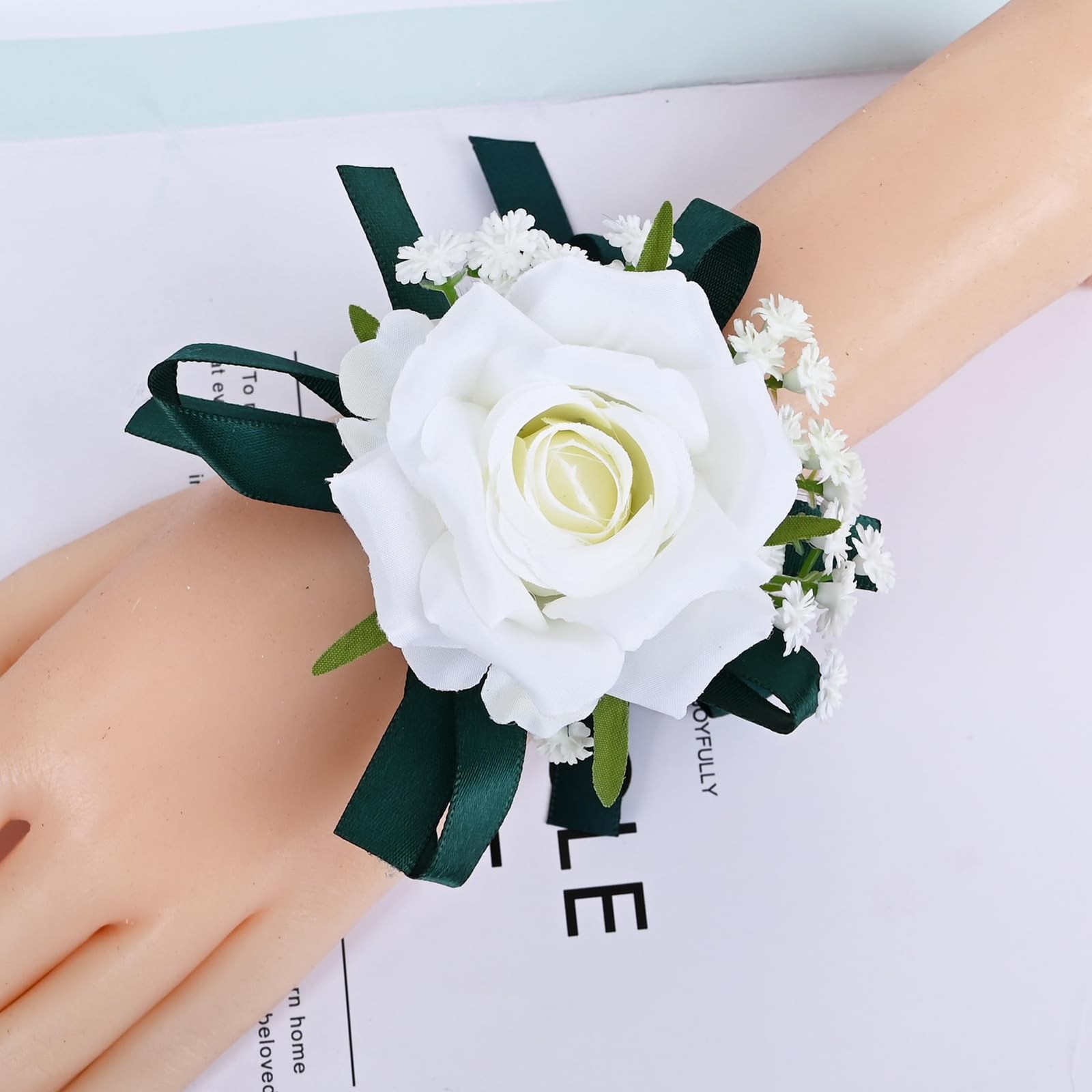 2 PCS White+Dark Green Artificial Wrist Corsage Boutonniere Set Prom
