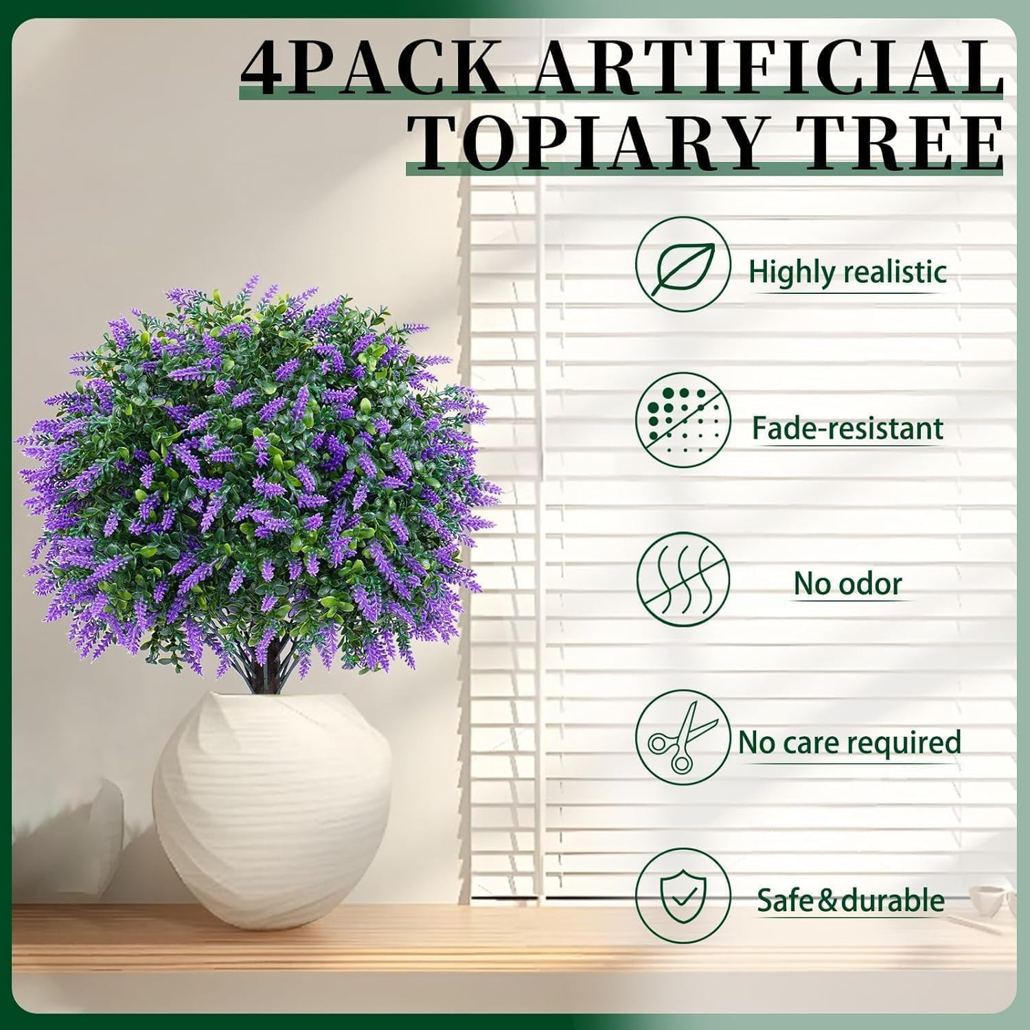 Artificial Lavender Topiary Ball Trees, 4 Set of UV Resistant Fake Evergreen Shr