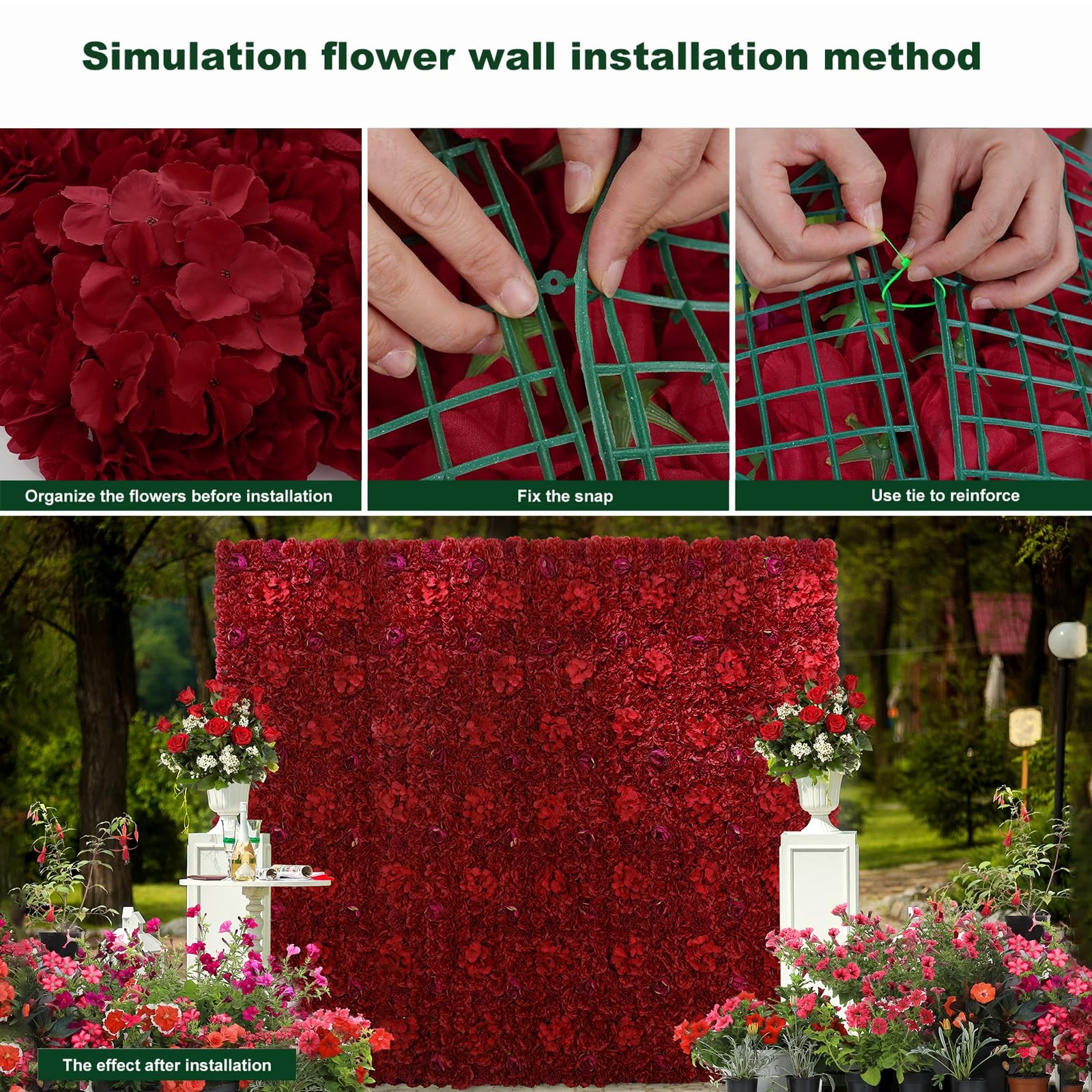 Artificial Silk Rose Flower Wall Panels 12 Pcs Maroon 16.5×16.5 Inch Backdrop