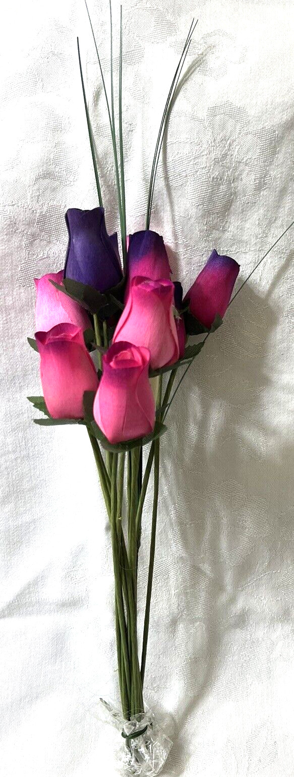 NEW Roses 1 Dozen Wood Forever Flowers Pink And Purple Hand Made