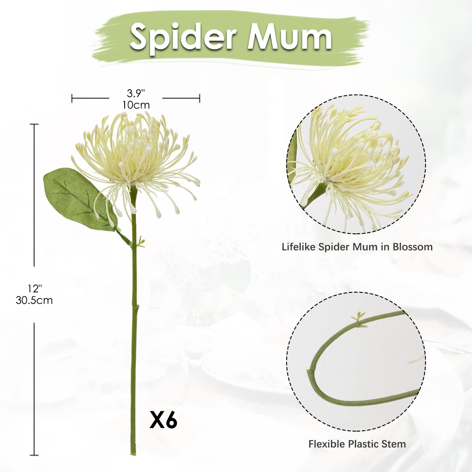 Artificial Chrysanthemum Spring Flowers 4 Inch Fake Spider Mums Green 6 PCS