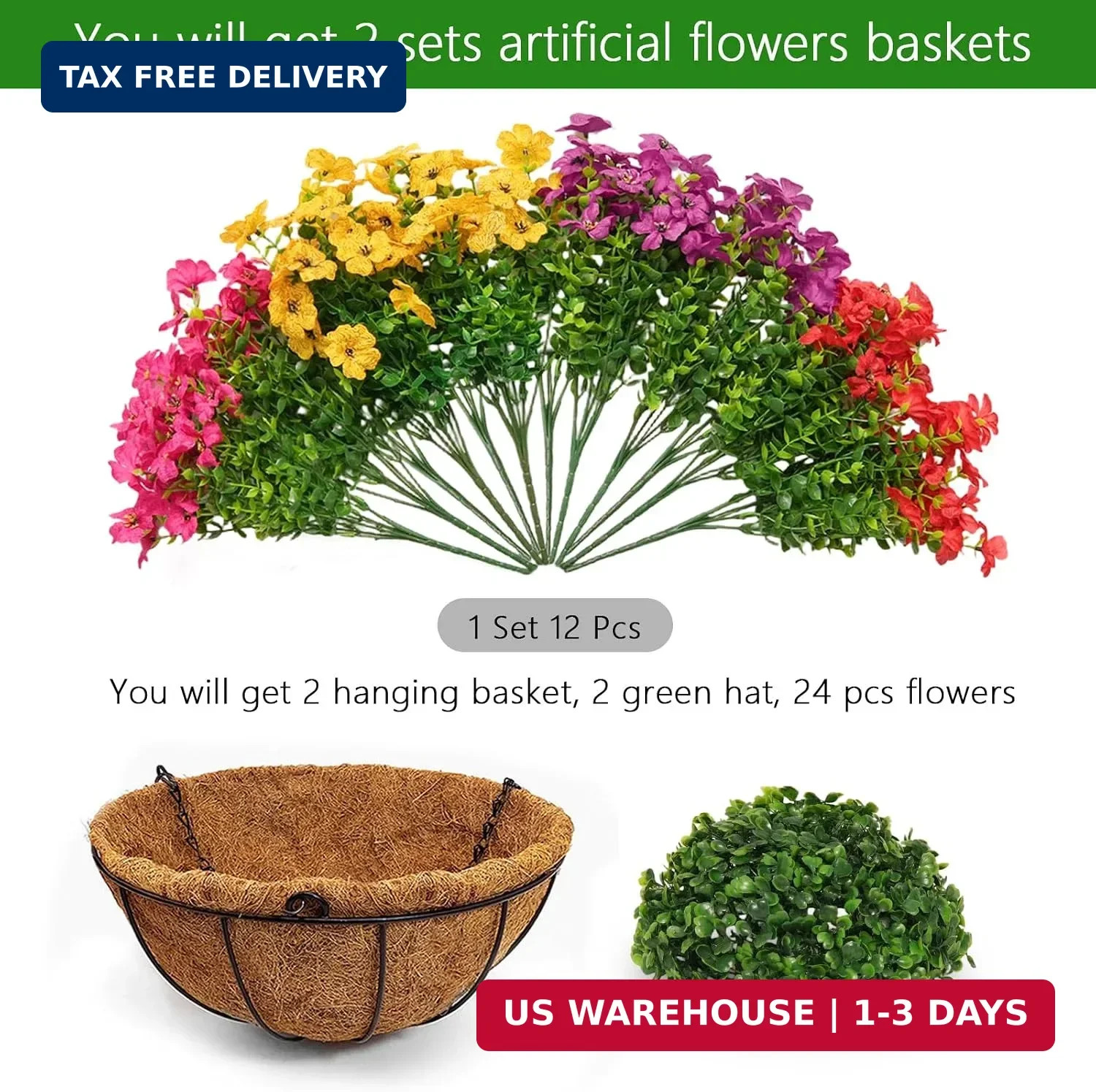 2 Set Artificial Outdoor Flowers with Hanging Basket for Garden Porch Patio Balc