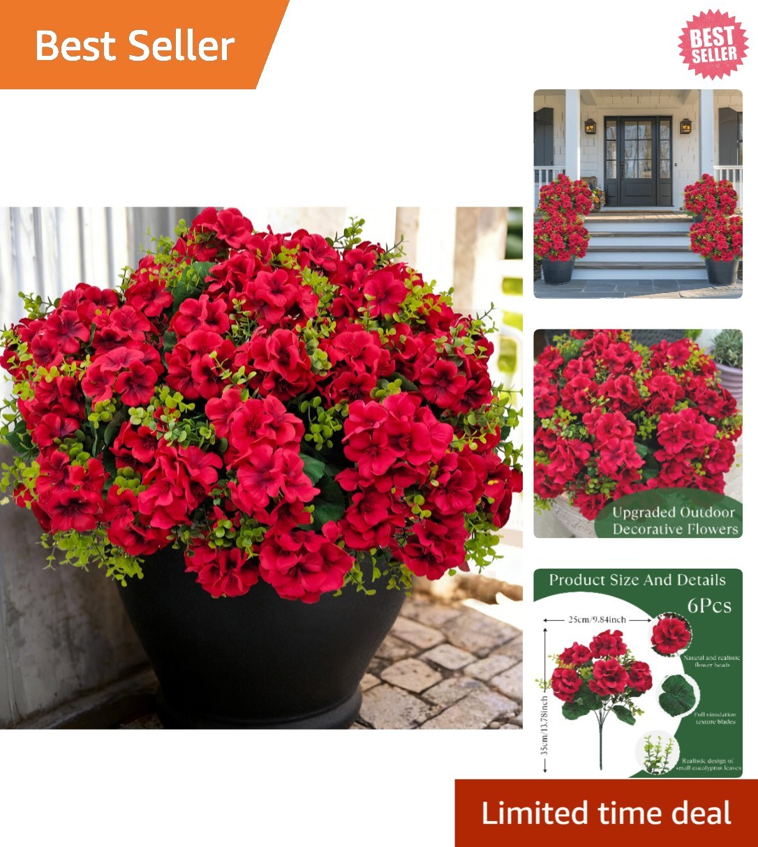 Artificial Geranium Flowers for Outdoor Decoration, 6 Bundles UV Resistant Silk
