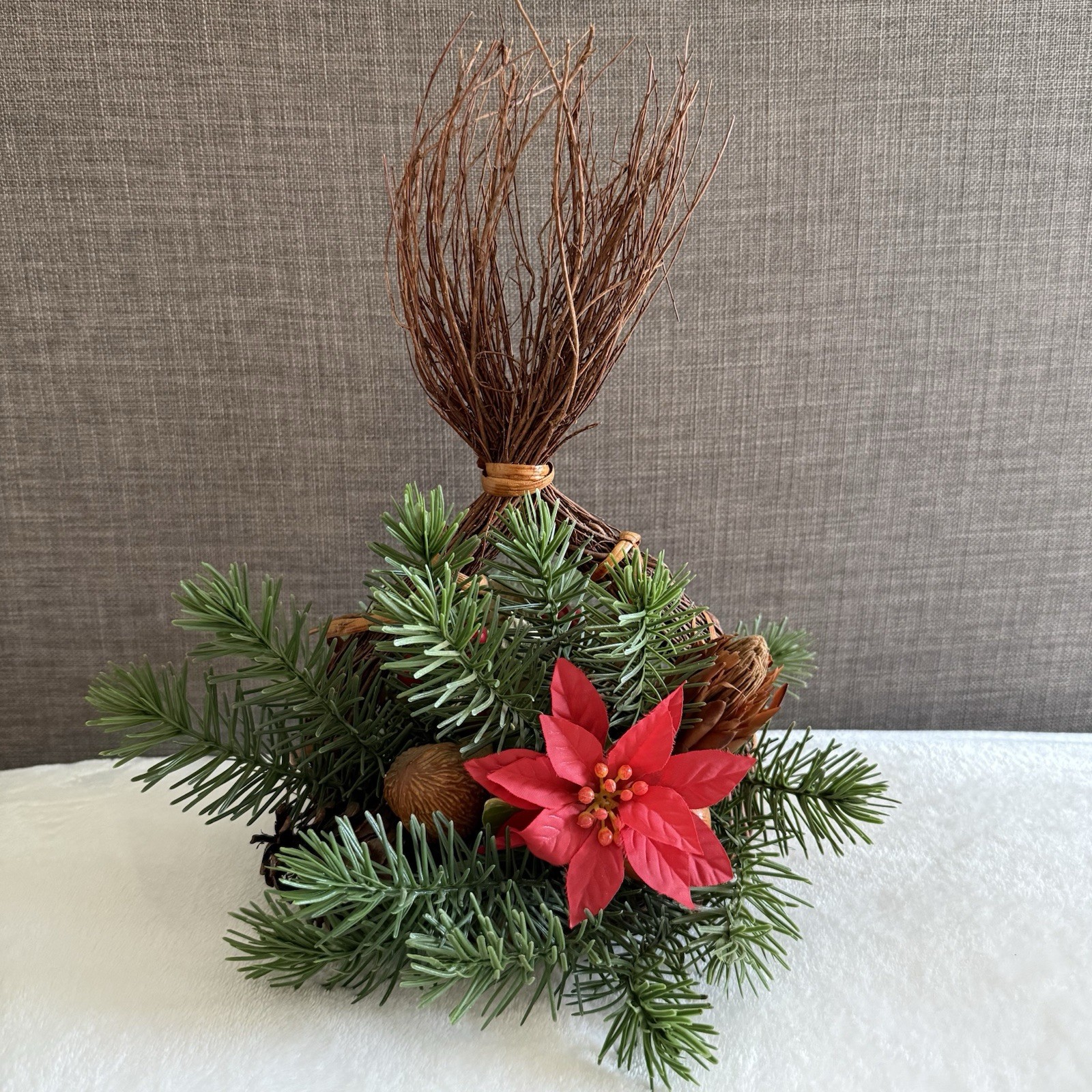 Artificial Christmas Centerpiece Table Top Decoration Poinsettia Nuts VTG Rustic