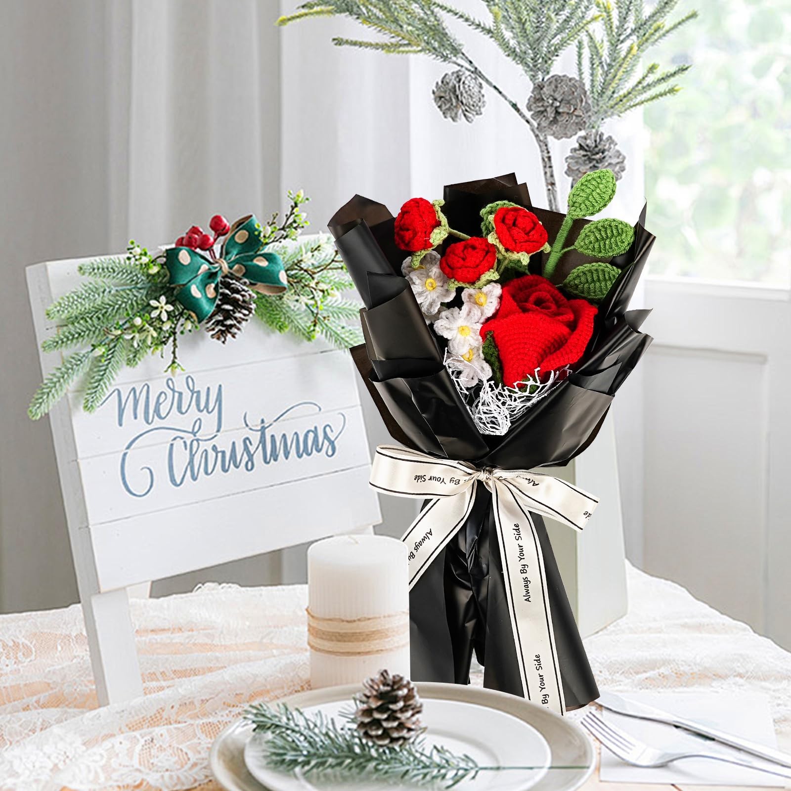 Red Crochet Rose Bouquet Hand Knitted with Blacking Packing Woven Flower