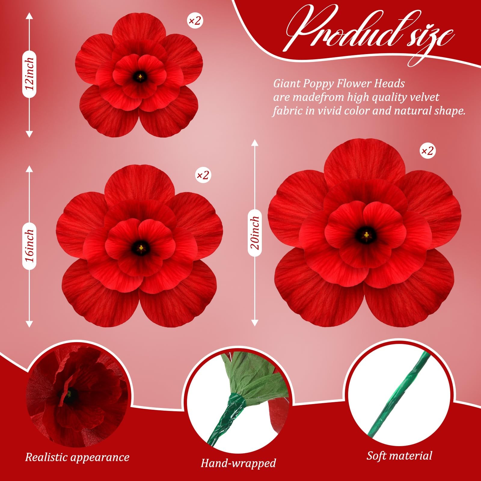 6 Pcs Giant Artificial Poppy Flowers 12, 16, 20 Inch Large Poppy July of 4th …