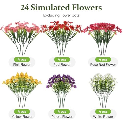 24 Bundles Lifelike UV Protected Artificial Flowers – No Fade Silk Plants for Ga