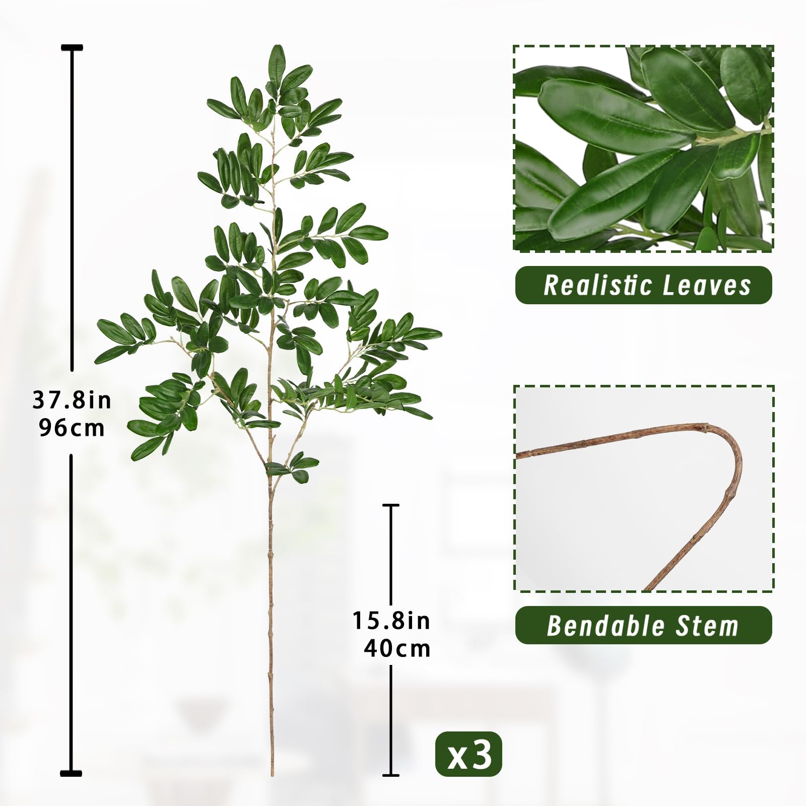 37.8″ Artificial Greenery Stems for Tall Vase, Faux Stems and Branches for Va…