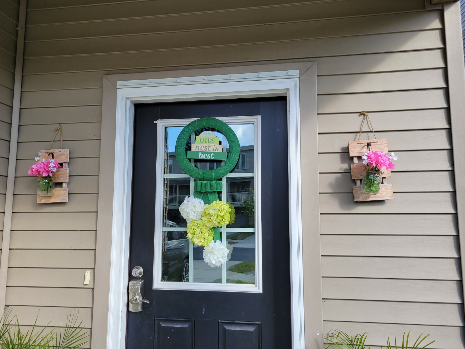 OUR NEST IS THE BEST wreat WHITE GREEN Hydrangeas burlap Decor Front Door SUMMER