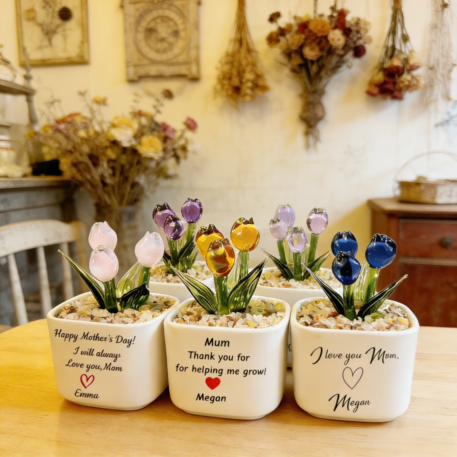 Custom Glass Tulip Flower Pot Personalized Gift for Mom Birthday Decor
