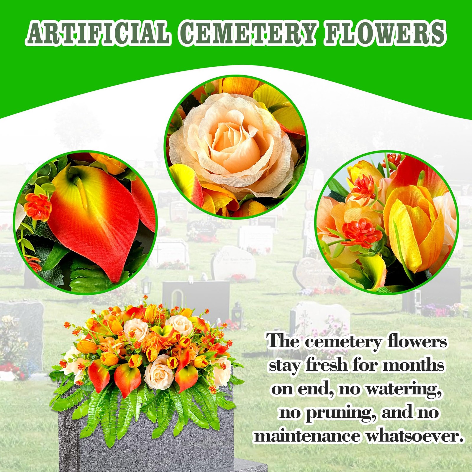 Artificial Cemetery Flowers – Outdoor Grave Saddle for Headstone Decorations …