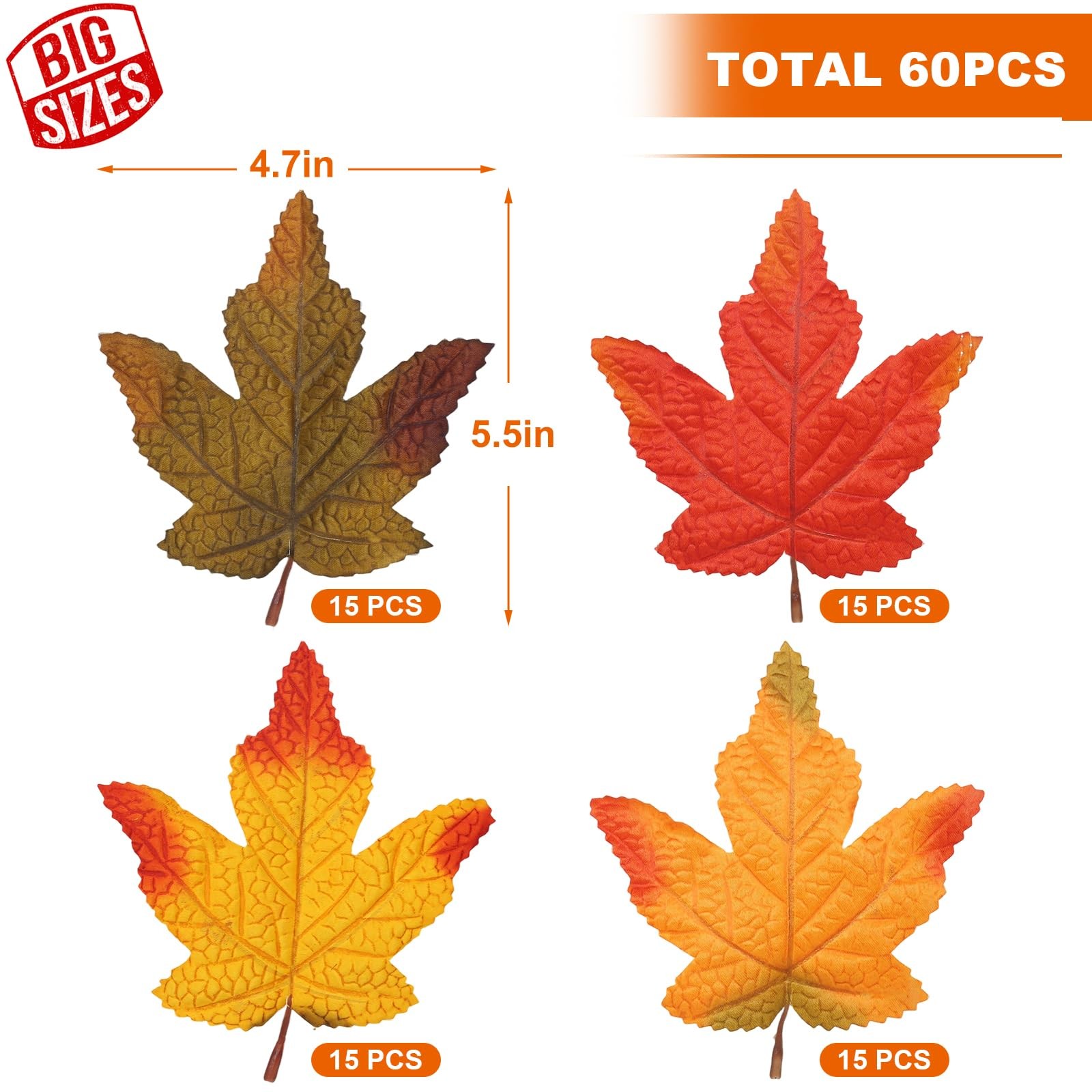 60PCS 4Kinds Fall Artificial Maple Leaves Large Size Autumn Leaf Faux Fall Ma…