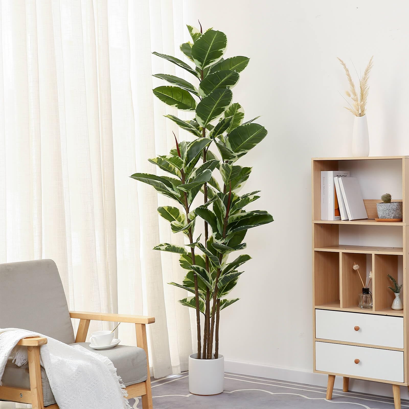 Artificial Rubber Tree Plant 6ft Tall Faux Ficus Tree Potted Fake Tropical Pl…