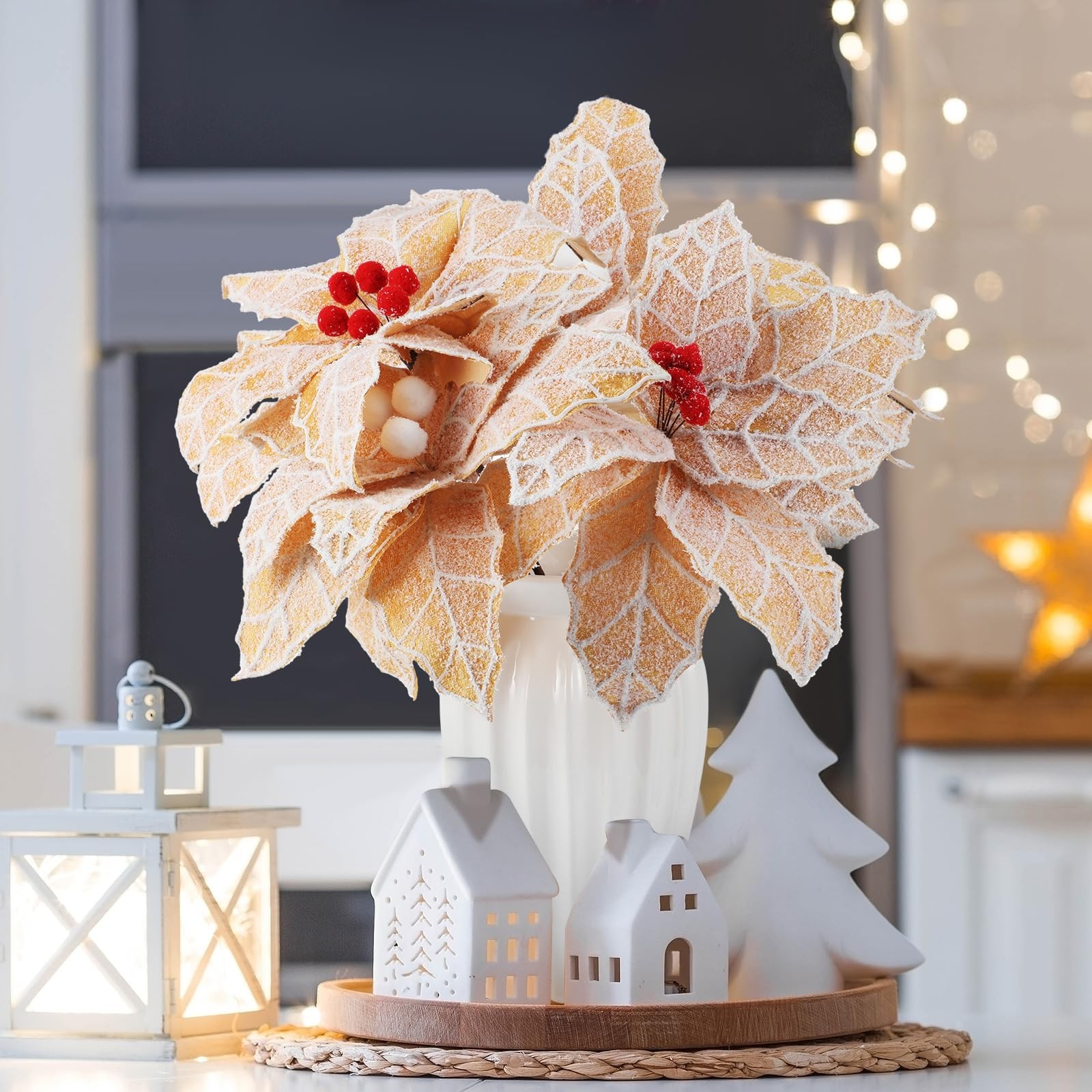 6 PCS 10.6 Inch Large Christmas Gingerbread Poinsettia Flowers Tree Picks Gold