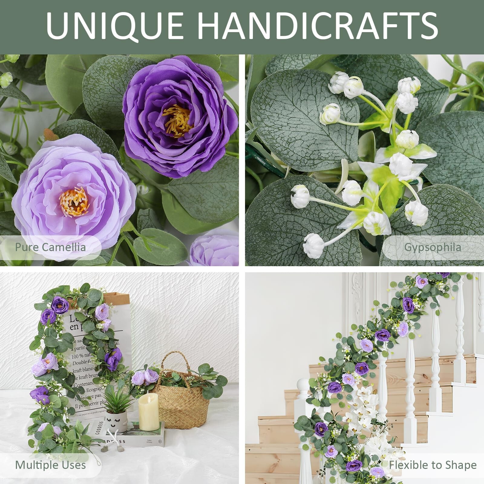 TOCHGREEN 4 Pack Artificial Eucalyptus Flower Garland with Purple Roses, Fake…