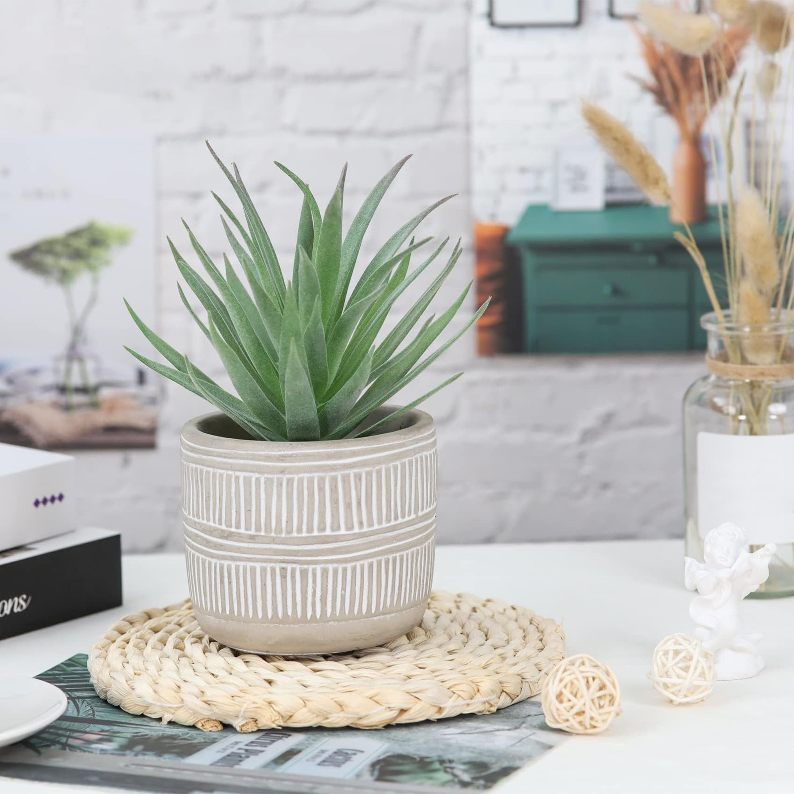 Fake Potted Succulents, Boho Style Home Decor, Green