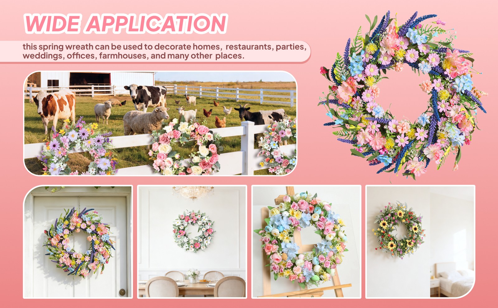 Spring Colorful Wreath Artificial Rose Wreath 18inch Garland for Housewarming