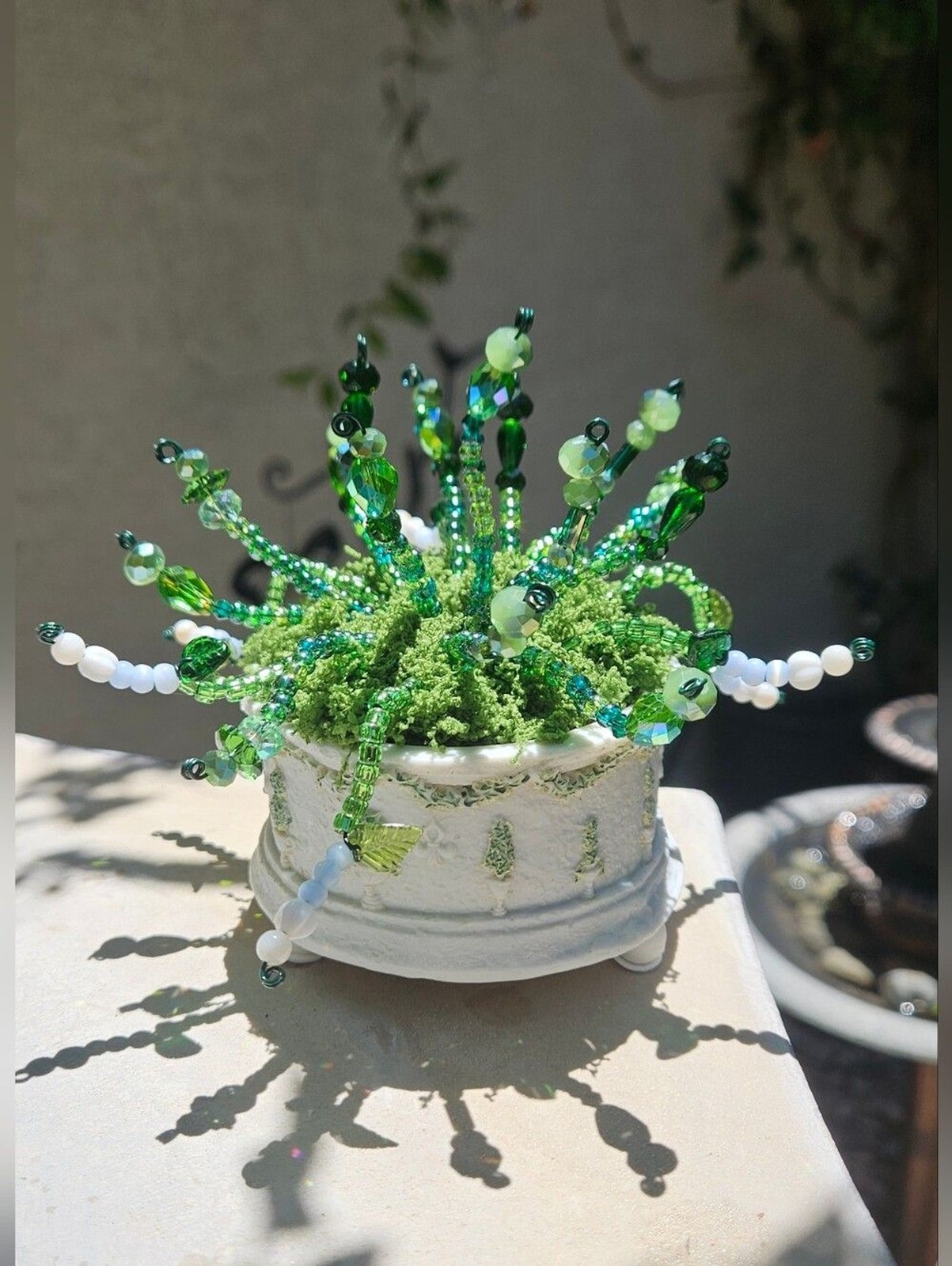 Handcrafted Green Beaded Succulent in White Decorative Pot