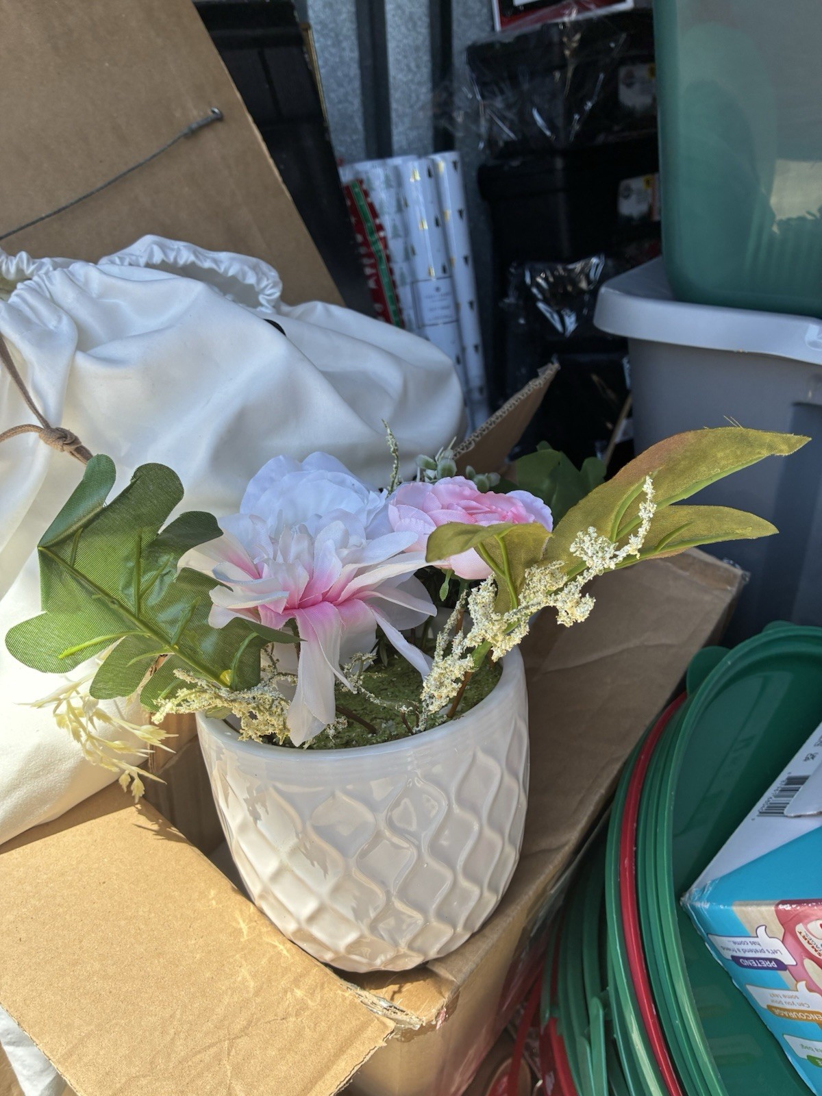 Artificial Pink & White Floral Arrangement Centerpiece in White Pot, Plastic