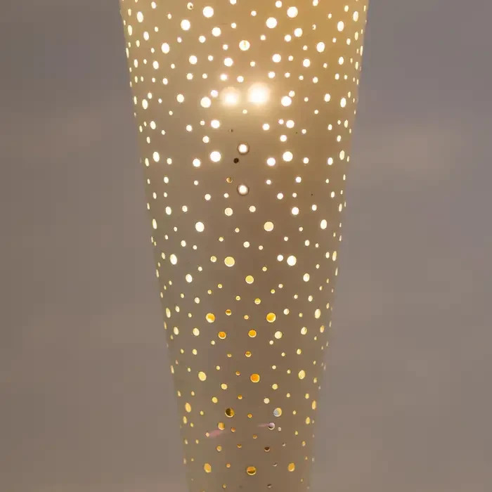 Mid-Century Modern Tripod Table Lamp – Perforated Metal Cone & Yellow UF