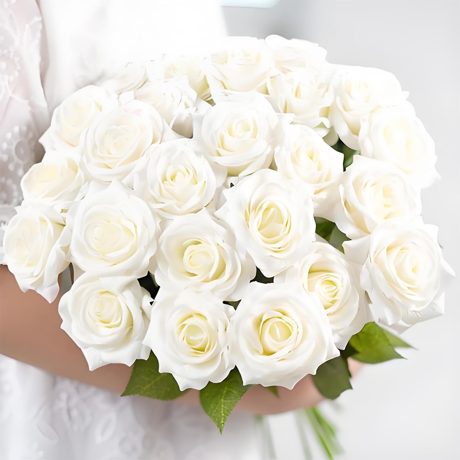 Umisu 200 Milky White Fake Silk Roses 3.7in Velvet Heads 50cm Stems
