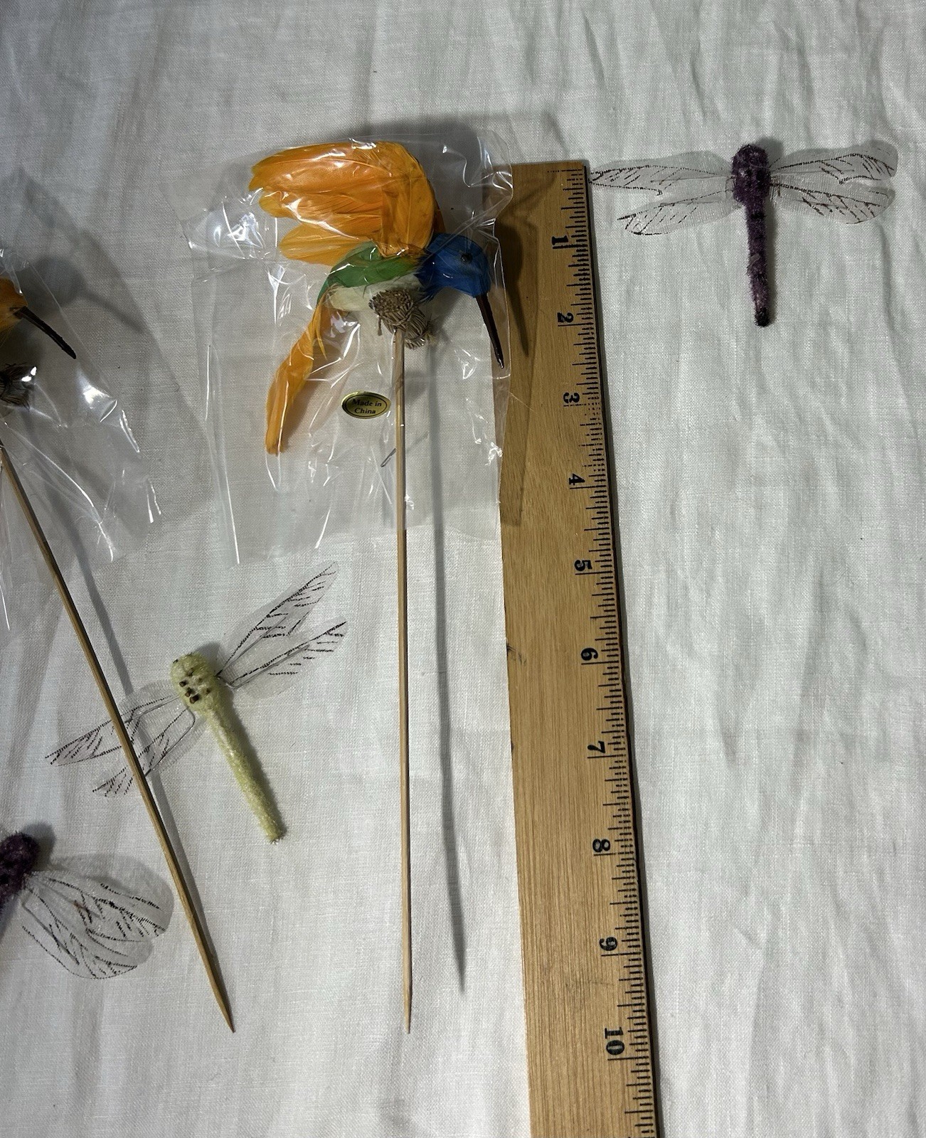 Artificial Hummingbird Picks Set Of 3 w/ 4 Artificial Dragonflies