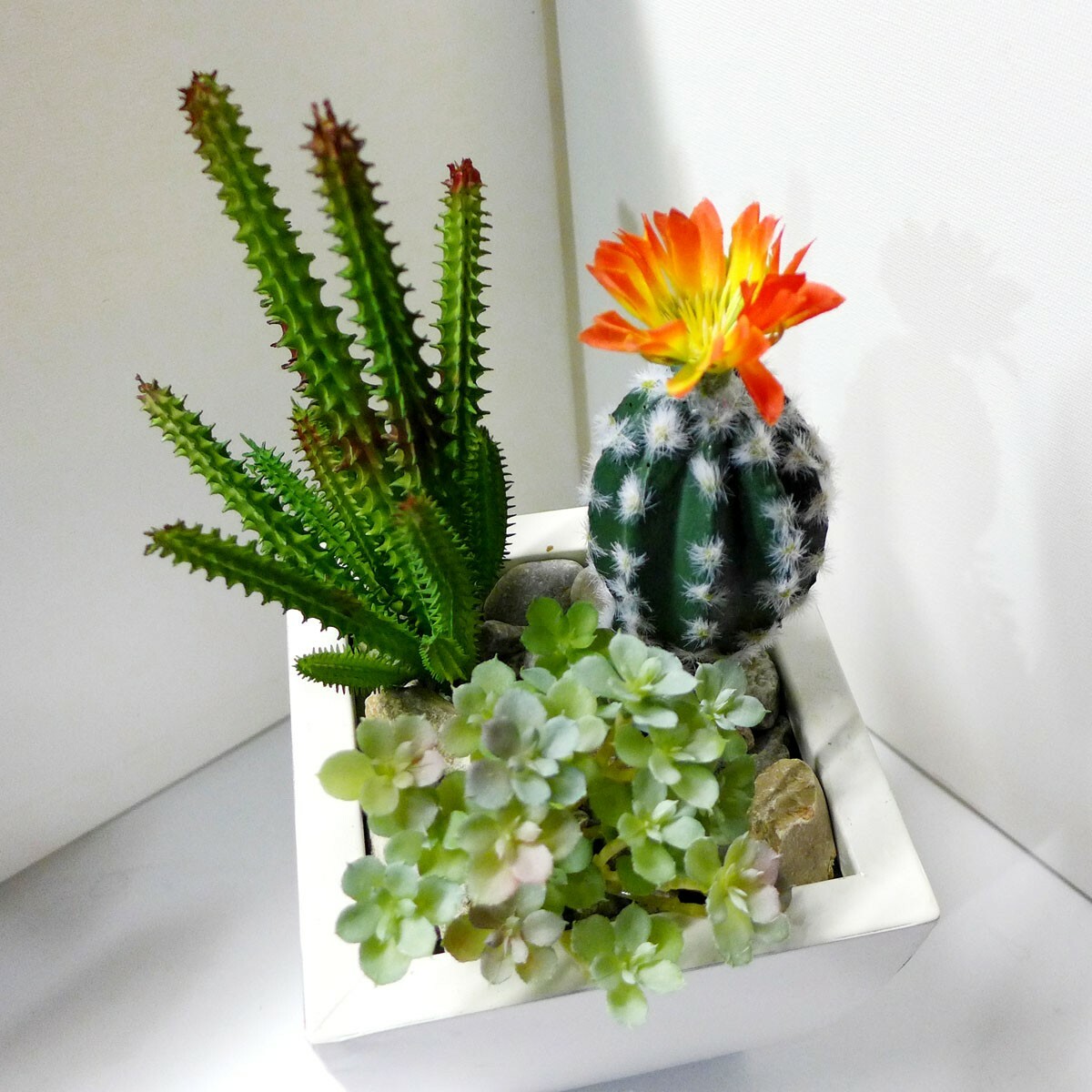 3 Pcs Artificial Plants Mini Cactus Orange Flower Flocking Succulents (#103)