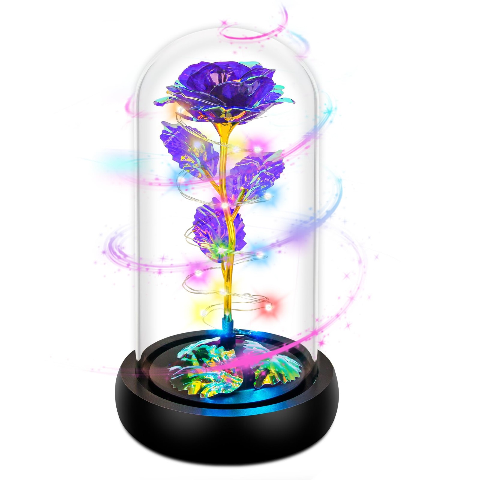 Rotating Colorful Purple Rose in Glass Dome Unique Valentines Day Gift for Her
