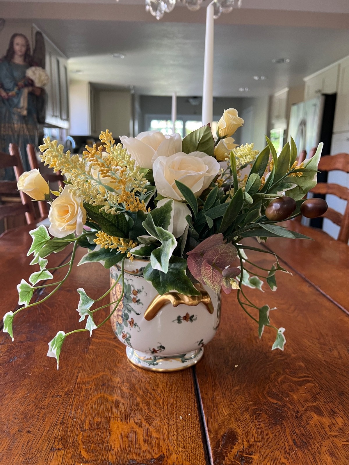 Floral Arrangement- Silk With Vase Antique Limoges Hand Painted w Roses & Ivy