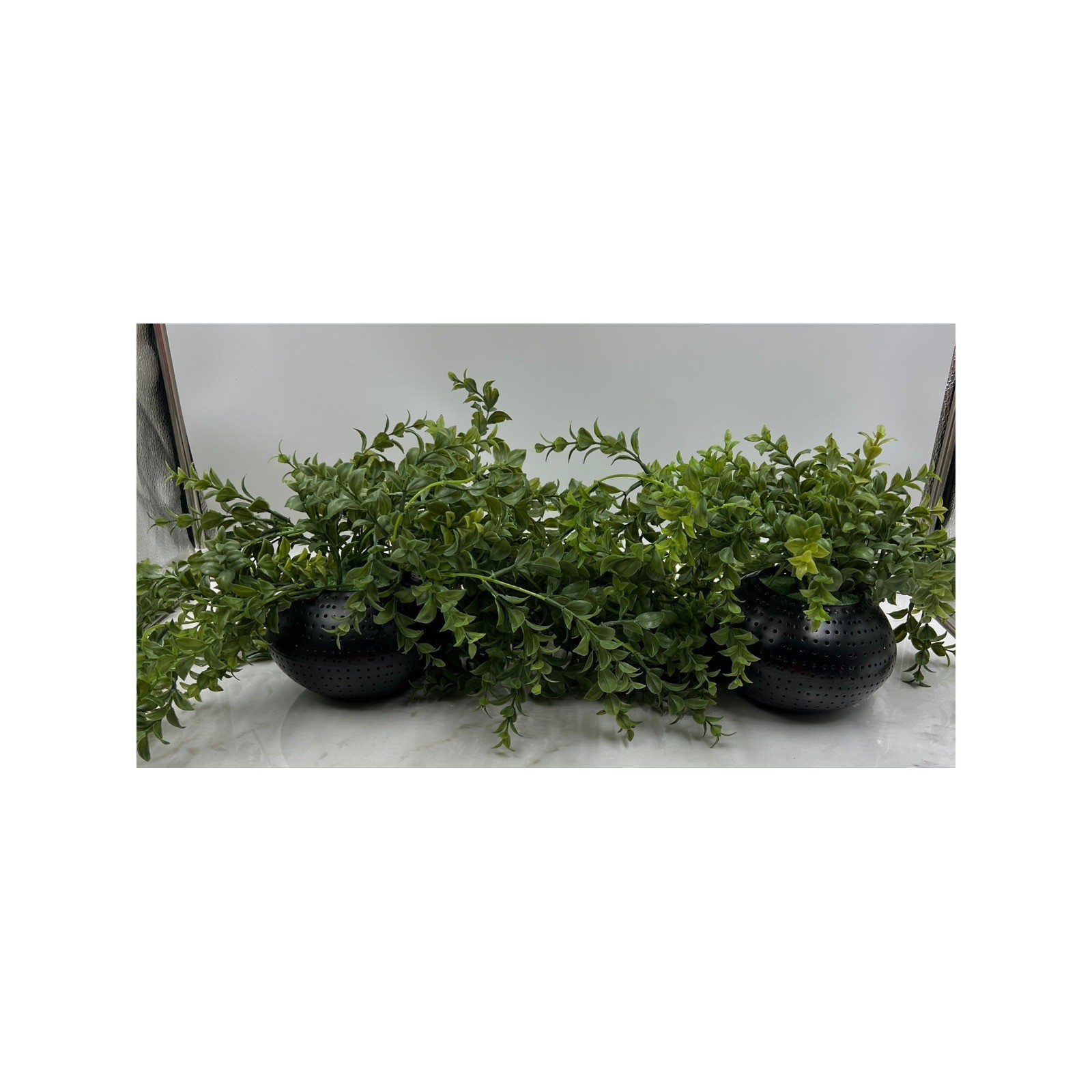 Artificial Trailing Greenery in Black Perforated Metal Globe Pots Set of 2