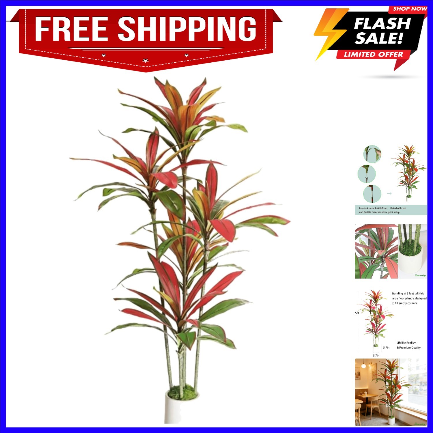 Artificial Dracaena Tree Red 5FT – Faux Trees Indoor with Natural Leaver and …