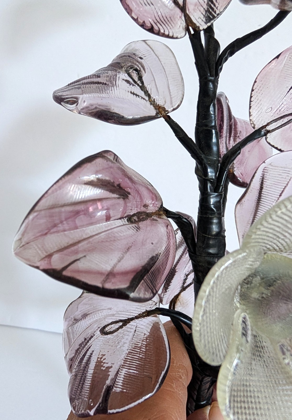 Vintage Hand Blown Glass Smoky Amethyst Flower Branches Set Of 3 Stalks MCM 15″