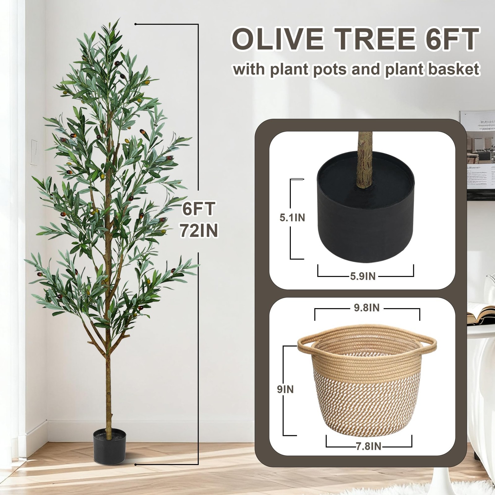Faux Olive Tree 6ft, Fake Olive Trees Artificial Indoor with Planter & Basket…
