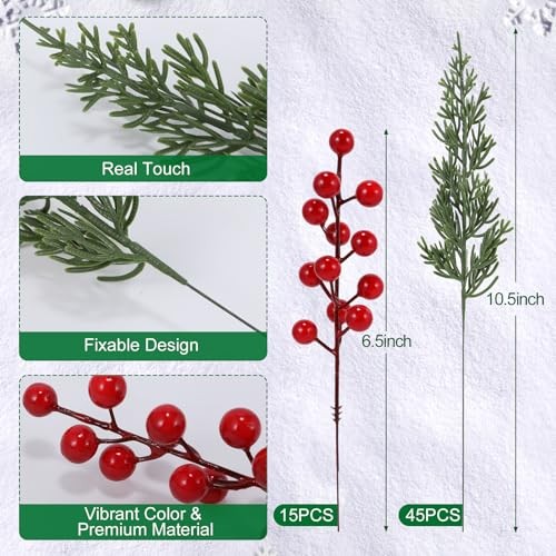 Artificial Christmas Pine Branches with Red Berry Stems-Set of 45 Greenery