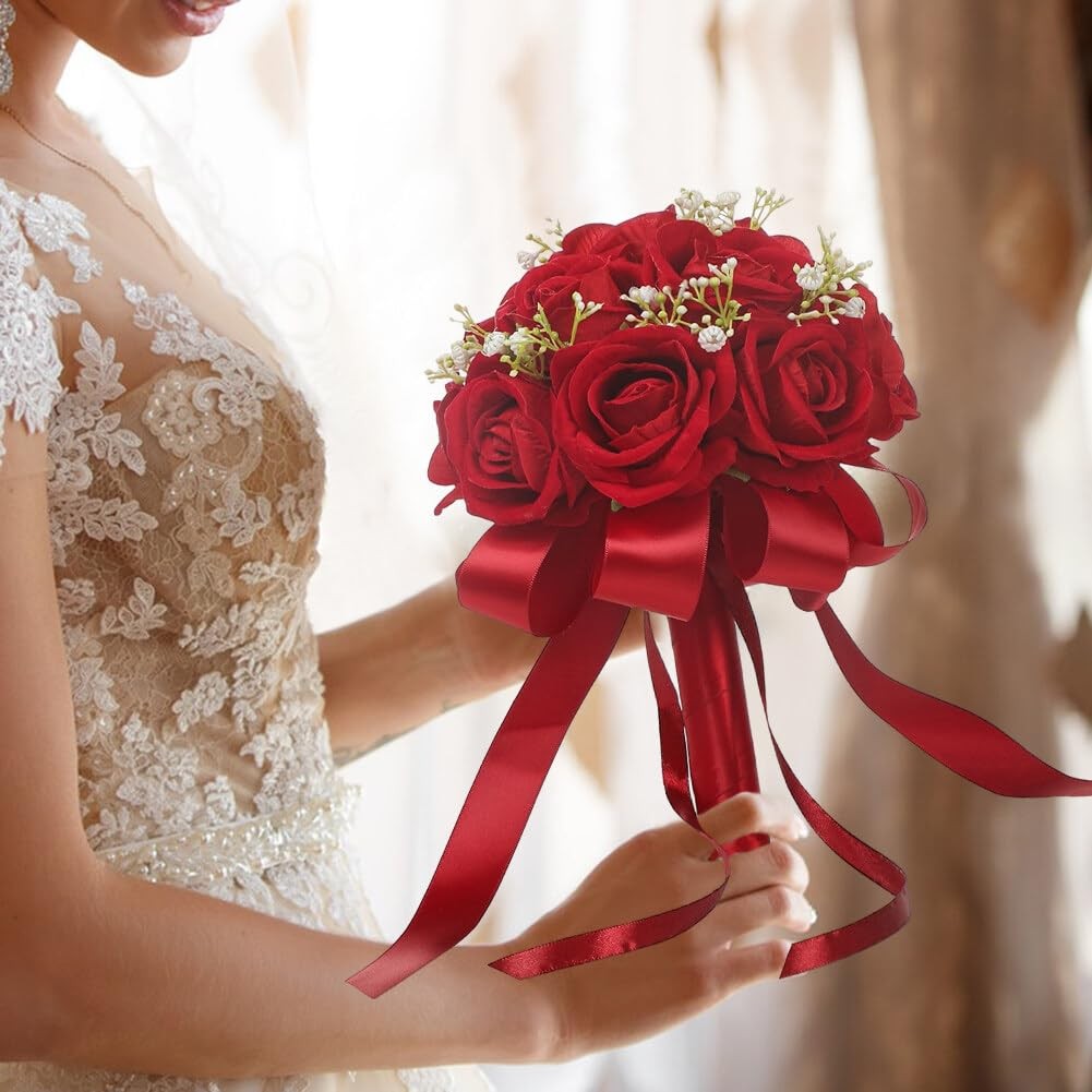 Red Rose Bouquet Bride Artificial Silk HandHeld Wedding Party Decor