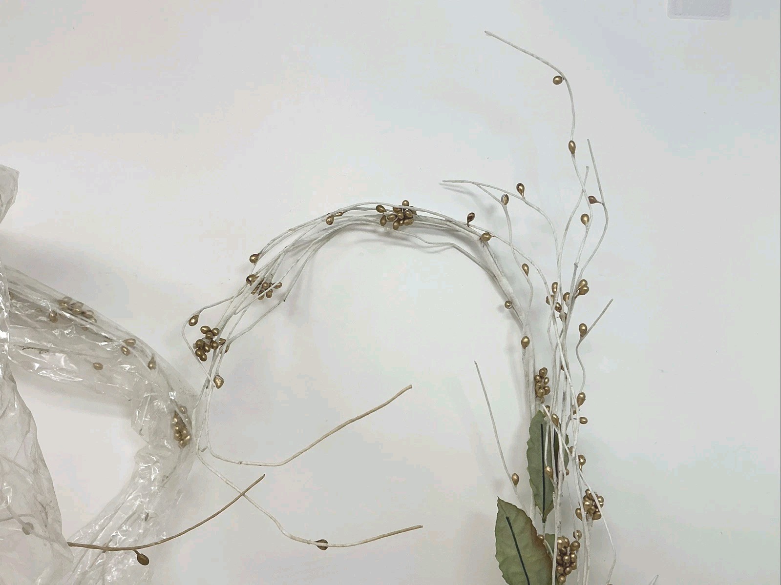 White Twig Branch Gold Berries Green Leaf Floral Pick 46” Long 3 Picks NOS