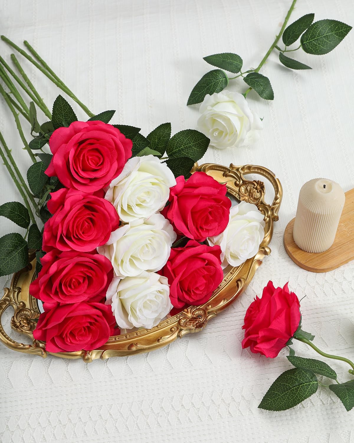 10Pcs Hot Pink Roses Artificial Flowers, Faux Silk Roses with 21.2″ Long Stem…