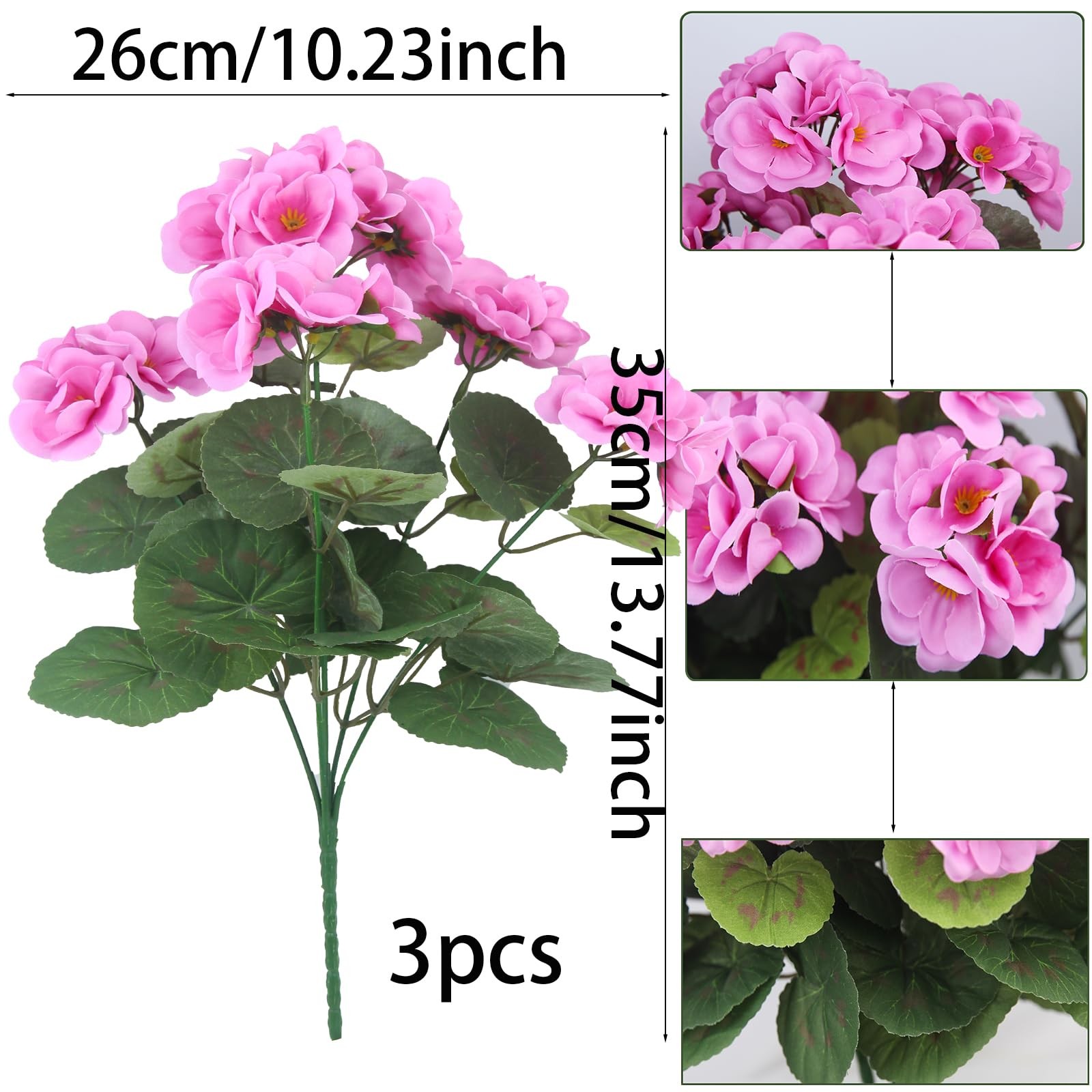 3 Pcs Artificial Geraniums Flowers Silk Geraniums for Outdoors UV Resistant Purp