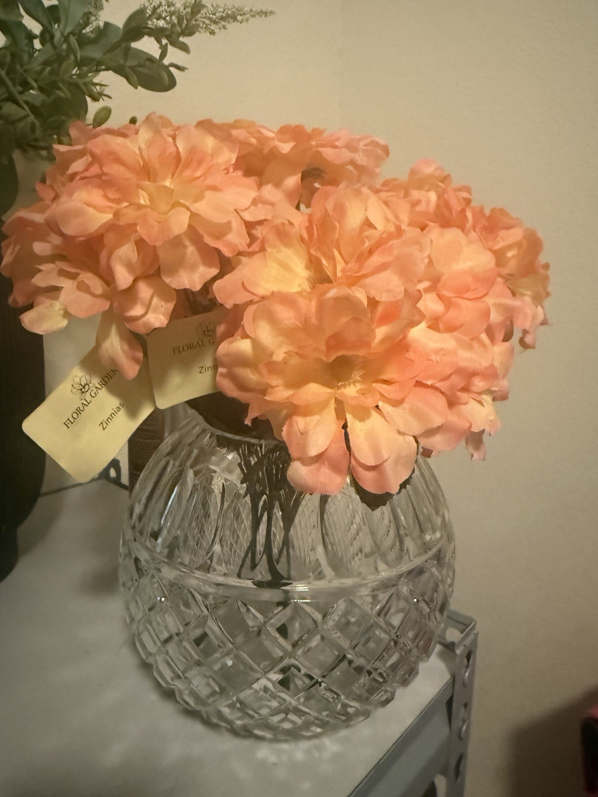 Artificial Floral Garden Zinnia Arrangement Peach Yellow Plastic in Glass Vase