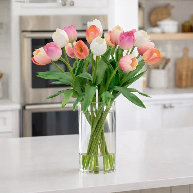 Nearly Natural Artificial Tulip Flower Arrangement Glass Vase