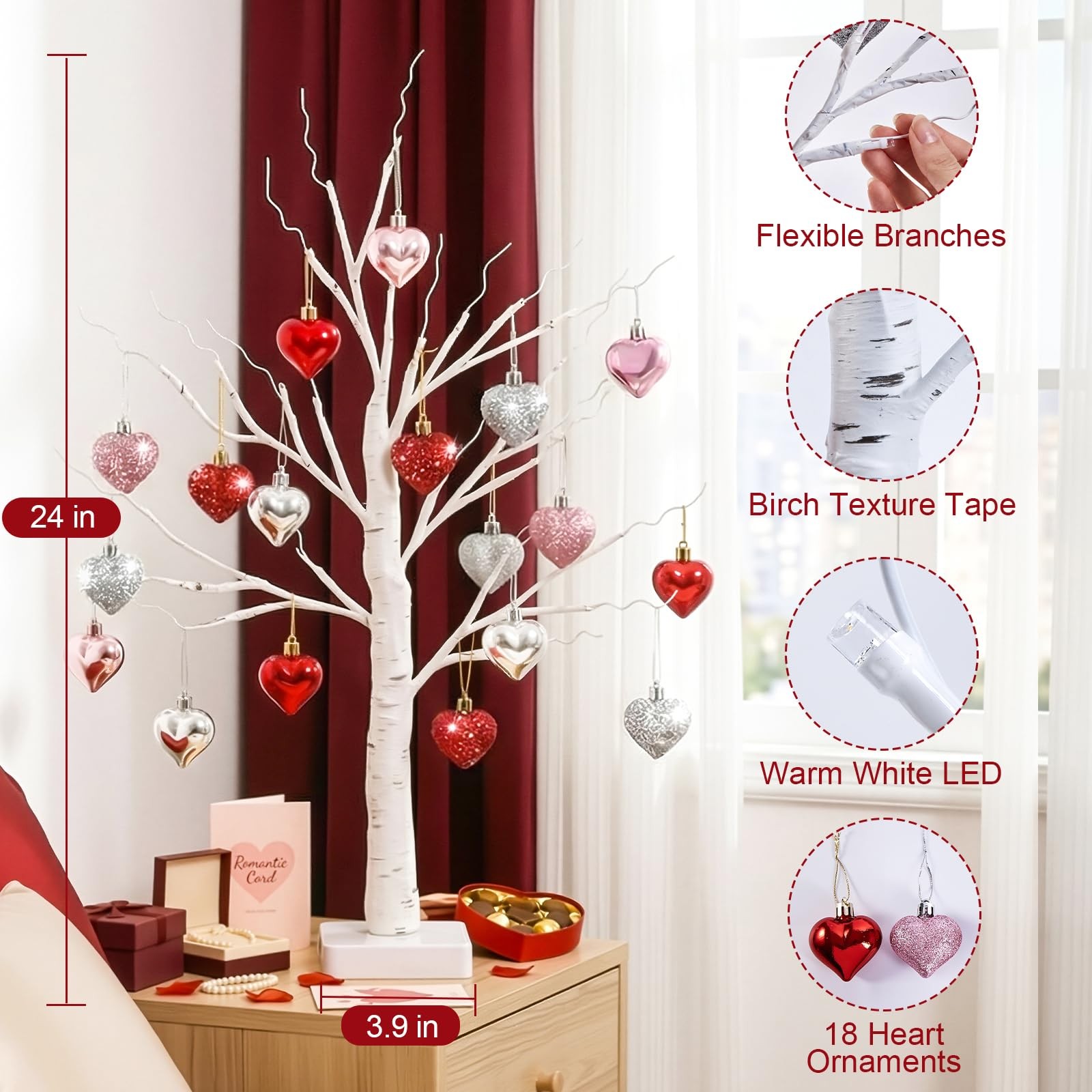 Valentines Day Decorations – 2 FT Birch Tree with 24 Warm Light 18 Heart Orna…