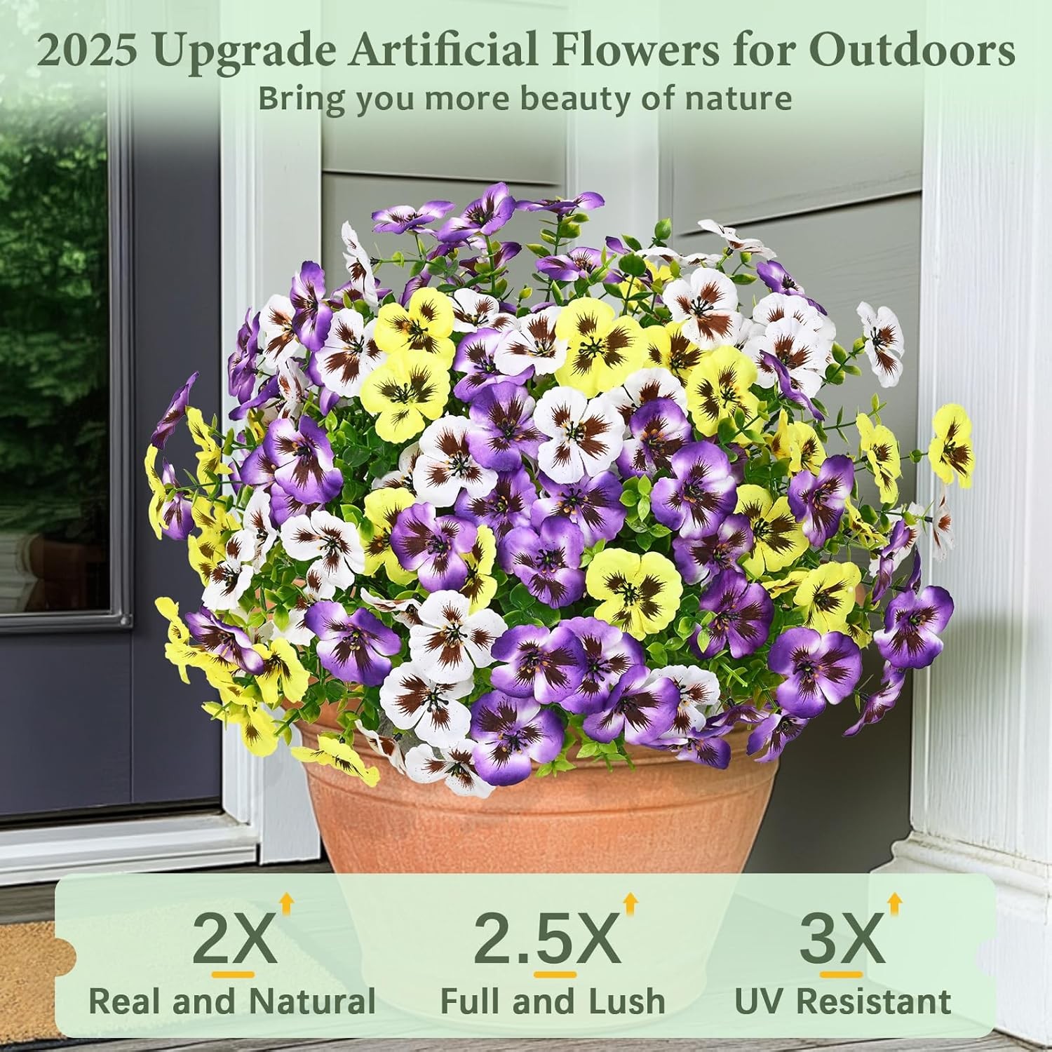 8 Bundles Artificial Outdoor Flowers – Faux Pansy Garden Decor UV Resistant