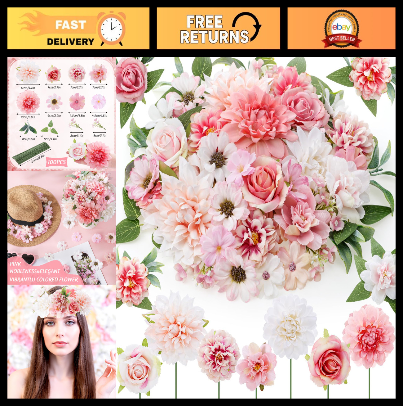 100 Pcs Pink Fake Flower Heads Long Stem Mini Silk Faux Daisy Peony Rose DIY Dec